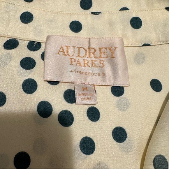 Francesca’s Audrey Parks Satin Button Down Blouse in Cream & Forest Green - Picture 7 of 9